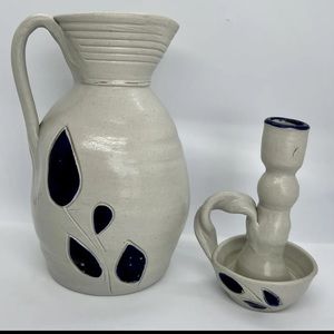 Williamsburg Pottery Salt Glaze Cobalt Blue Leaf Pitcher and Candleholder